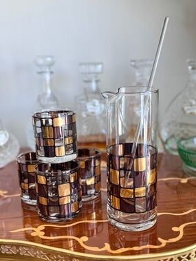 Cera glass Gold & Brown Mosaic Glass Pitcher and Tumbler Set